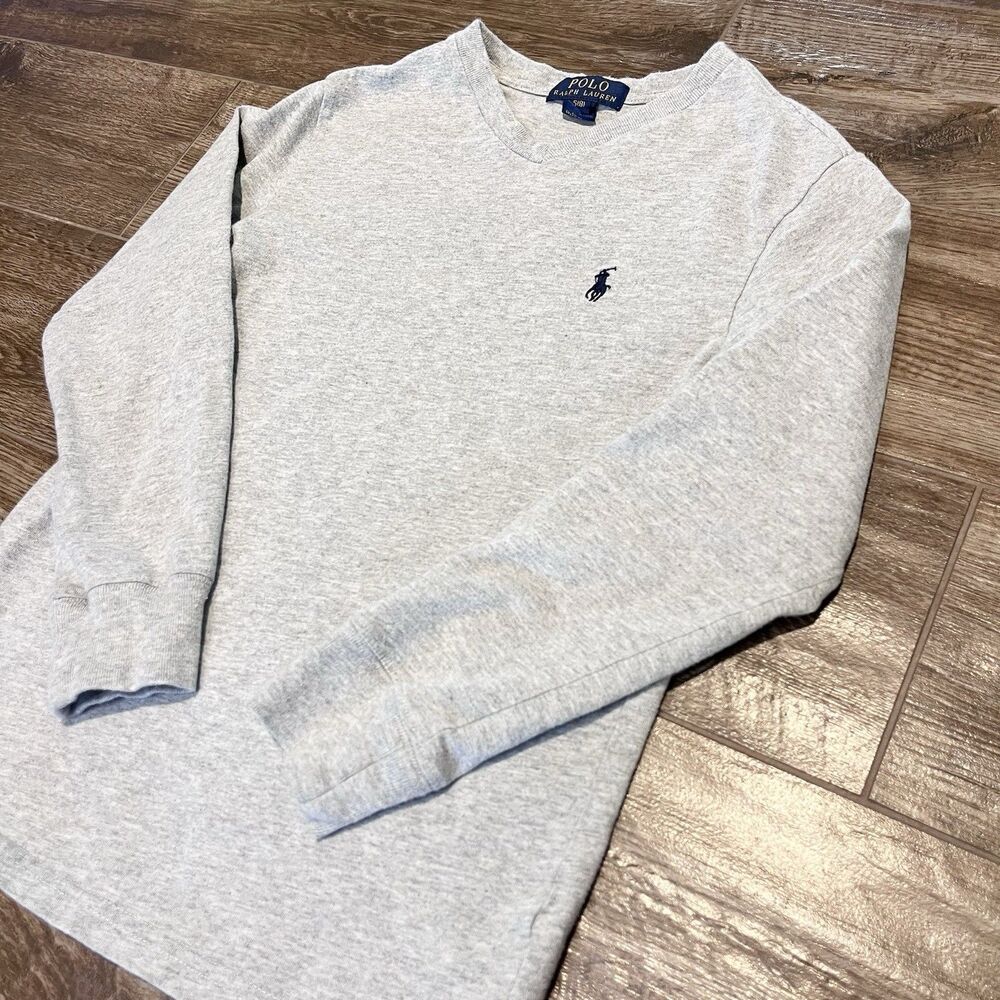 Polo Ralph Lauren Shirt Boys Small Gray V-neck Long Sleeve Pony Logo Preppy